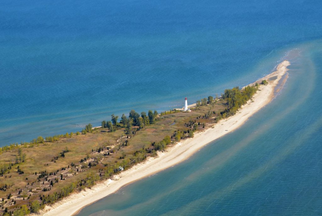 Aerial view of the lighthouse located on the tip of Long Point hamlet on the north shore of Lake Erie, part of Norfolk County in the province of Ontario, Canada