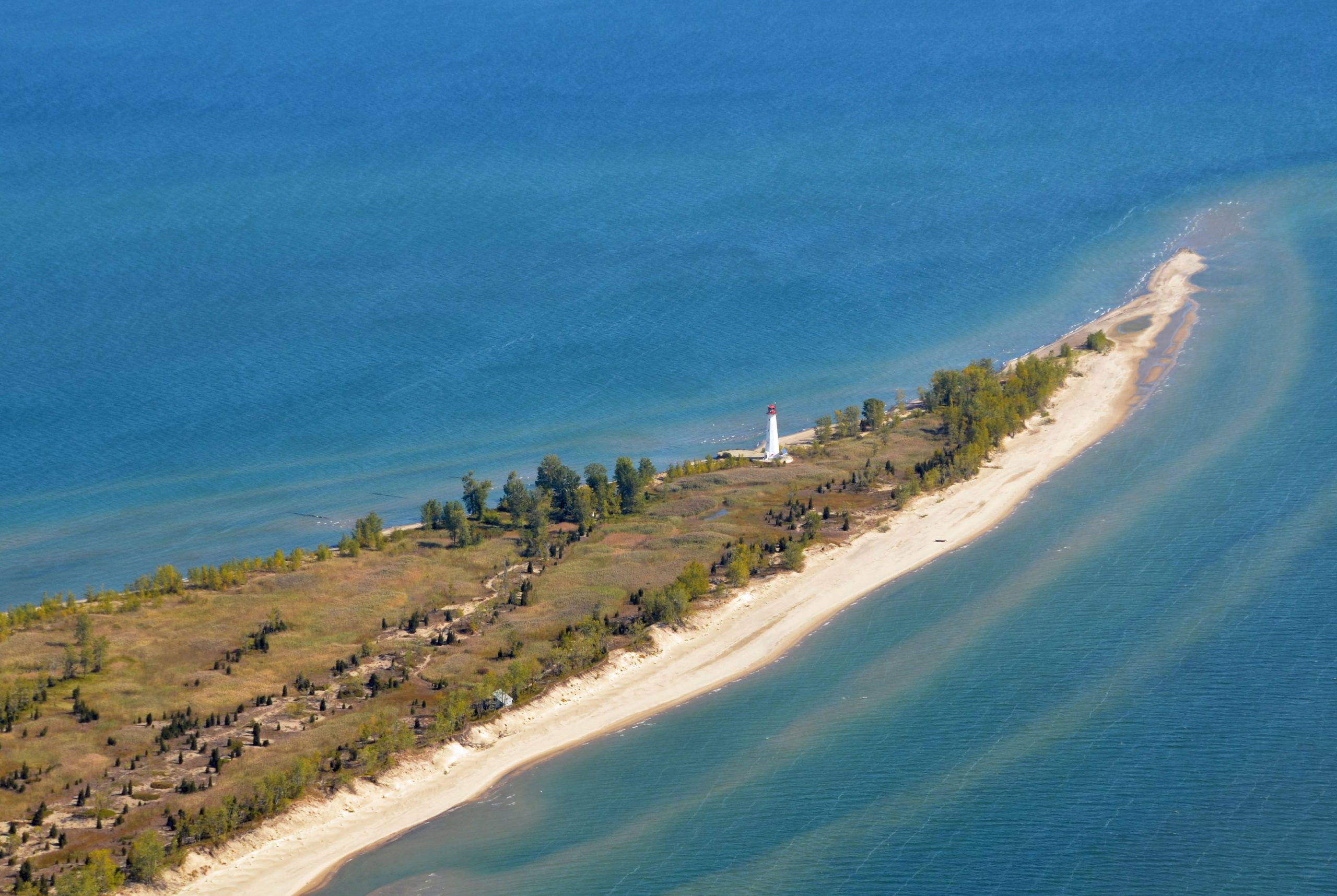Aerial view of the lighthouse located on the tip of Long Point hamlet on the north shore of Lake Erie, part of Norfolk County in the province of Ontario, Canada